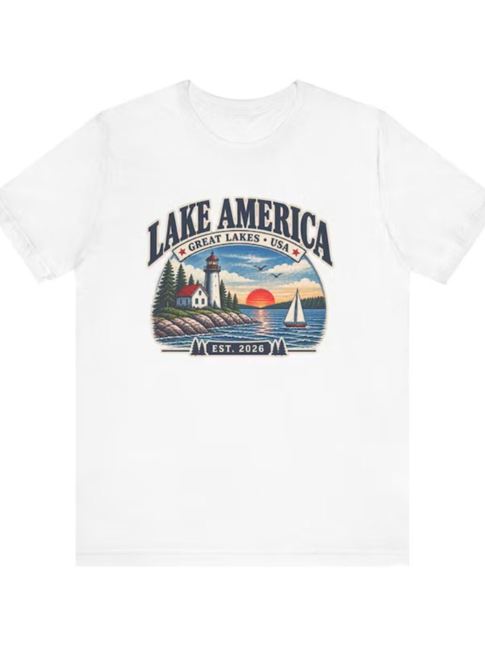 Lake America Tee  Lighthouse, Sailboat, Sunset T Shirt